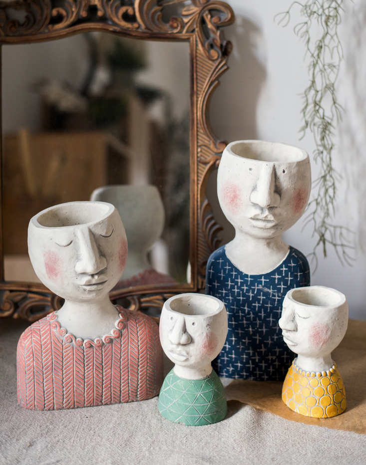 Head Planter Mother Father Family Vase Human Face Crude Pottery Flowerpot Planter Decoration - BestVase