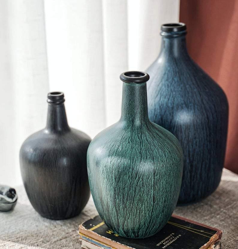 Vintage Zen Glass Vase Deep Color Beautiful Shape Smooth Textured Lines - BestVase