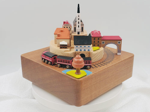 Wooden Music Box-Small Town Bridge Square Autumnal Train Music Box-Gounod Ave Maria - BestVase